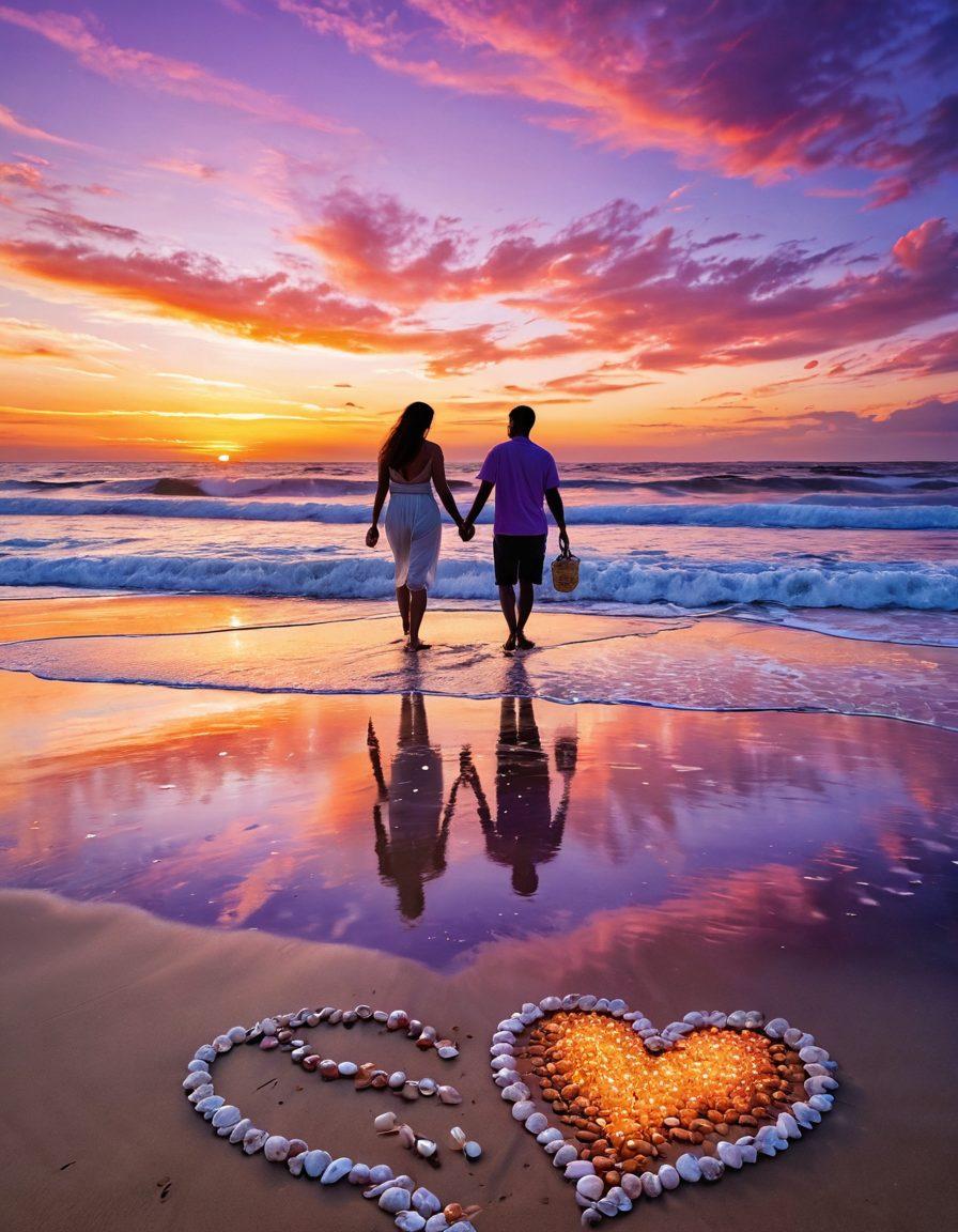 A serene beach at sunset with gentle waves reflecting vibrant hues of orange and purple. In the foreground, a couple is walking hand-in-hand, radiating love and connection. Surrounding them are heart-shaped seashells and romantic elements like a small picnic setup. The sky is filled with soft, fluffy clouds, symbolizing dreams and aspirations. The overall mood is warm, inviting, and dreamy. super-realistic. vibrant colors.