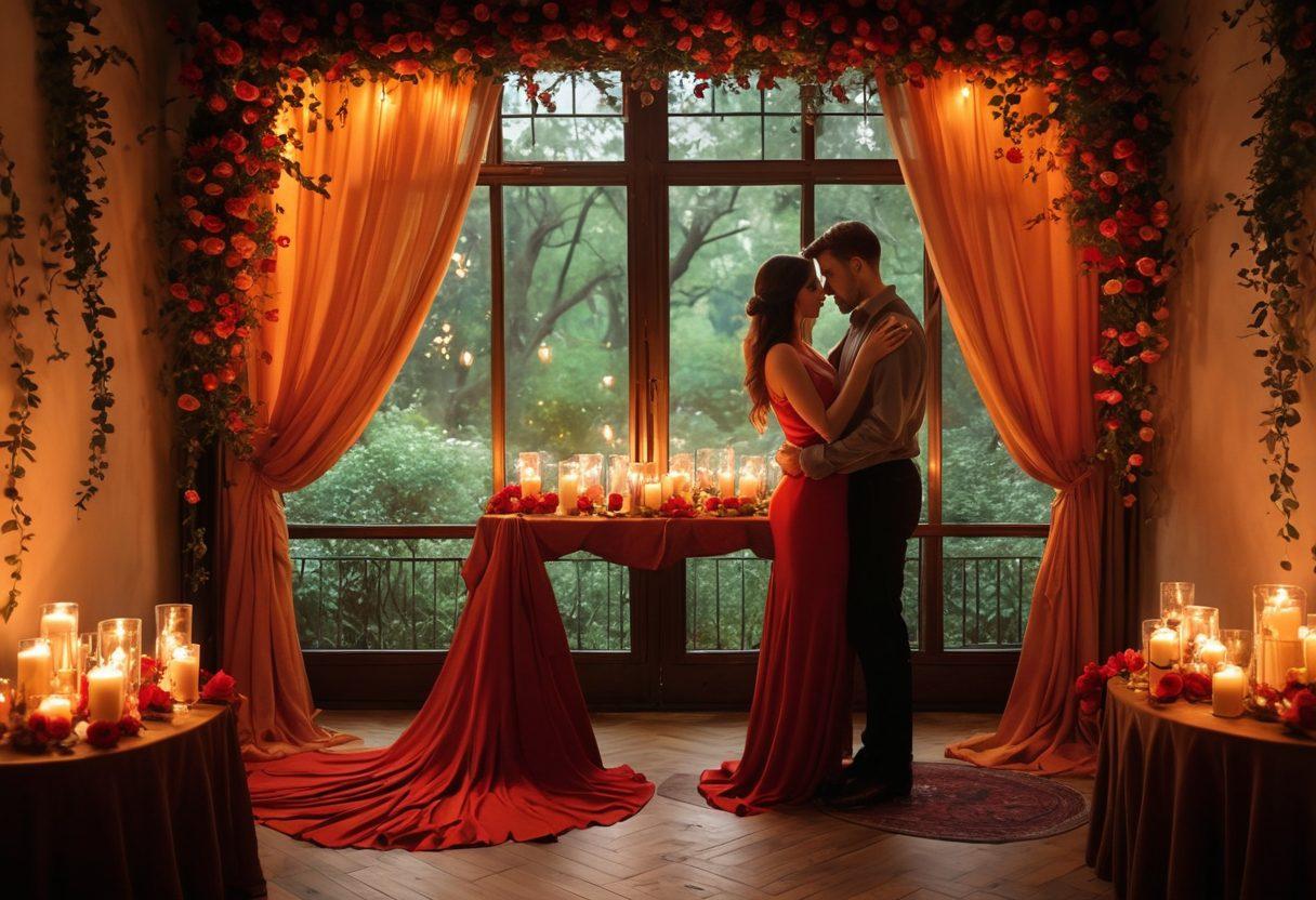 A lush, intimate setting with two silhouettes of people gently reaching for each other amidst a backdrop of soft, candlelit warmth and blooming roses. The ambiance exudes a sense of deep connection and yearning, featuring flowing drapes and twinkling fairy lights to enhance the romantic atmosphere. The color palette should be rich tones of red and gold, evoking passion and love. super-realistic. warm tones. soft focus.