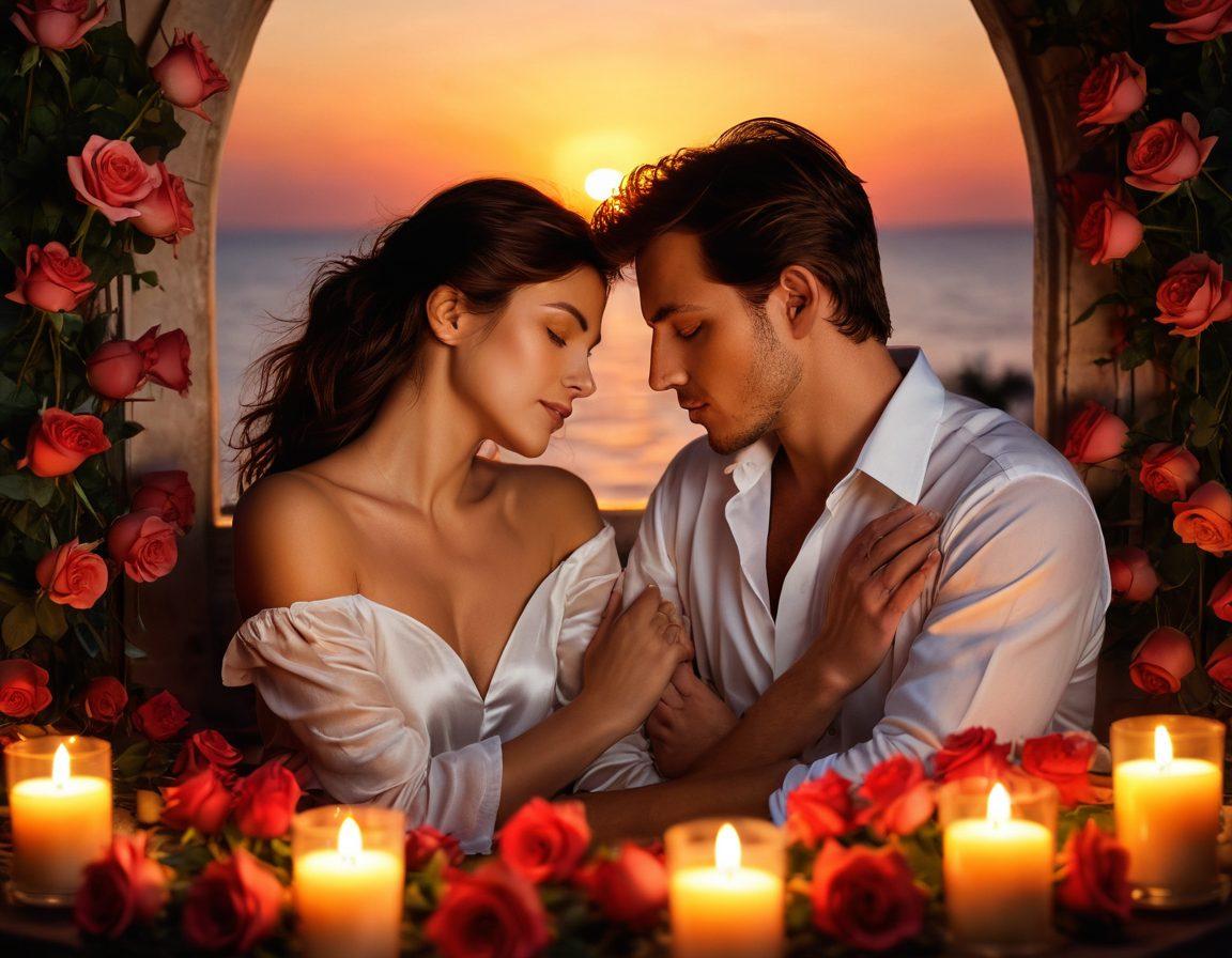 A passionate couple intertwined, surrounded by soft candlelight and blooming roses, reflecting a journey from lust to deep love. The background features a serene sunset, symbolizing warmth and tenderness. Their expressions are a mix of desire and affection, capturing the essence of intimacy and connection. The composition should evoke a romantic and sensual atmosphere. dreamy and soft focus. vibrant colors.